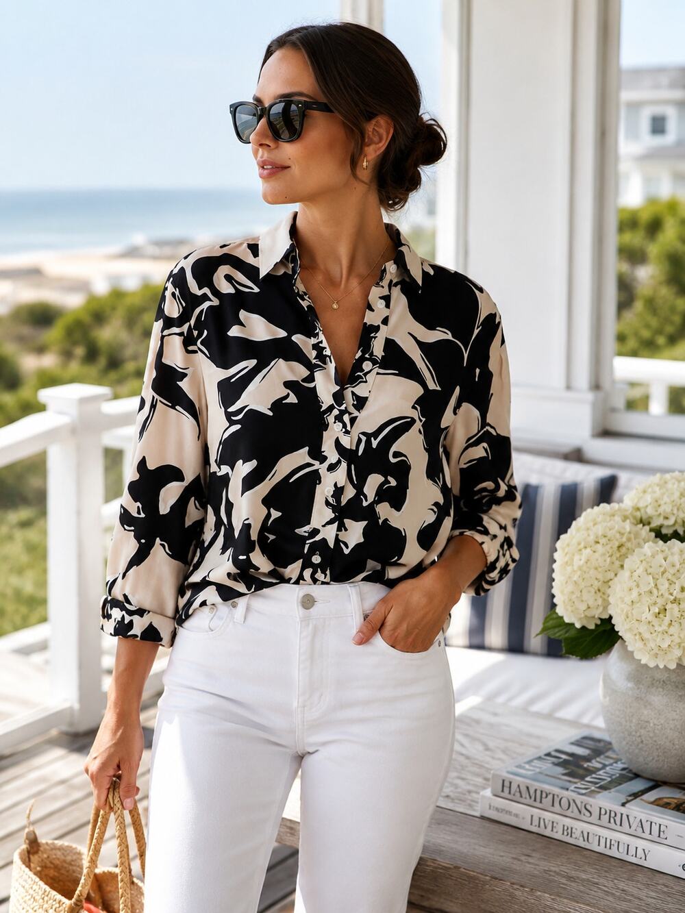 Derek Lam Black Ivory Abstract Print Tencel Button Down Blouse US M Resort Chic